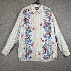 Tommy Bahama Shirt Mens Size XL 100% Linen Long Sleeves Button Down Floral Blue